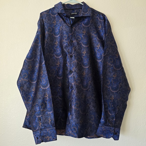 Barry Wang Other - Barry Wang Men's 3XL Blue Paisley Long Sleeve Button Down Dress Shirt Jacquard